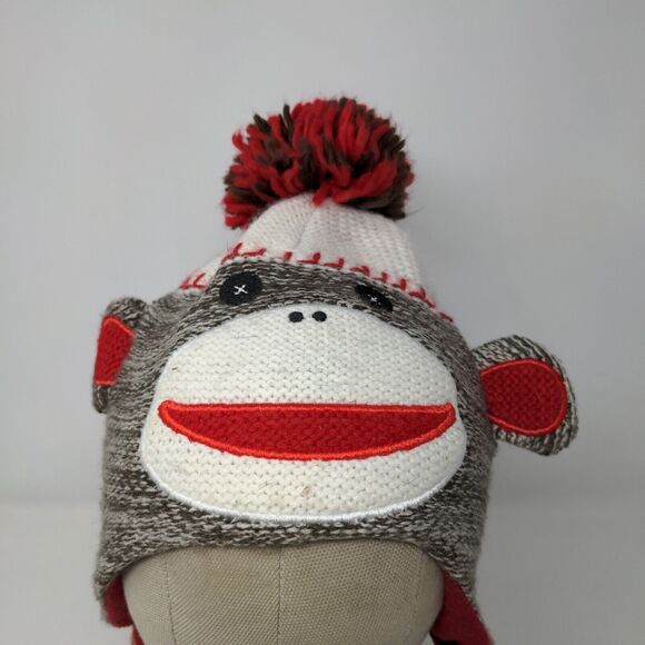 Toffee Apple Boys Sock Monkey Beanie Hat Gray Red 2013 Ear Flaps - Picture 3 of 11